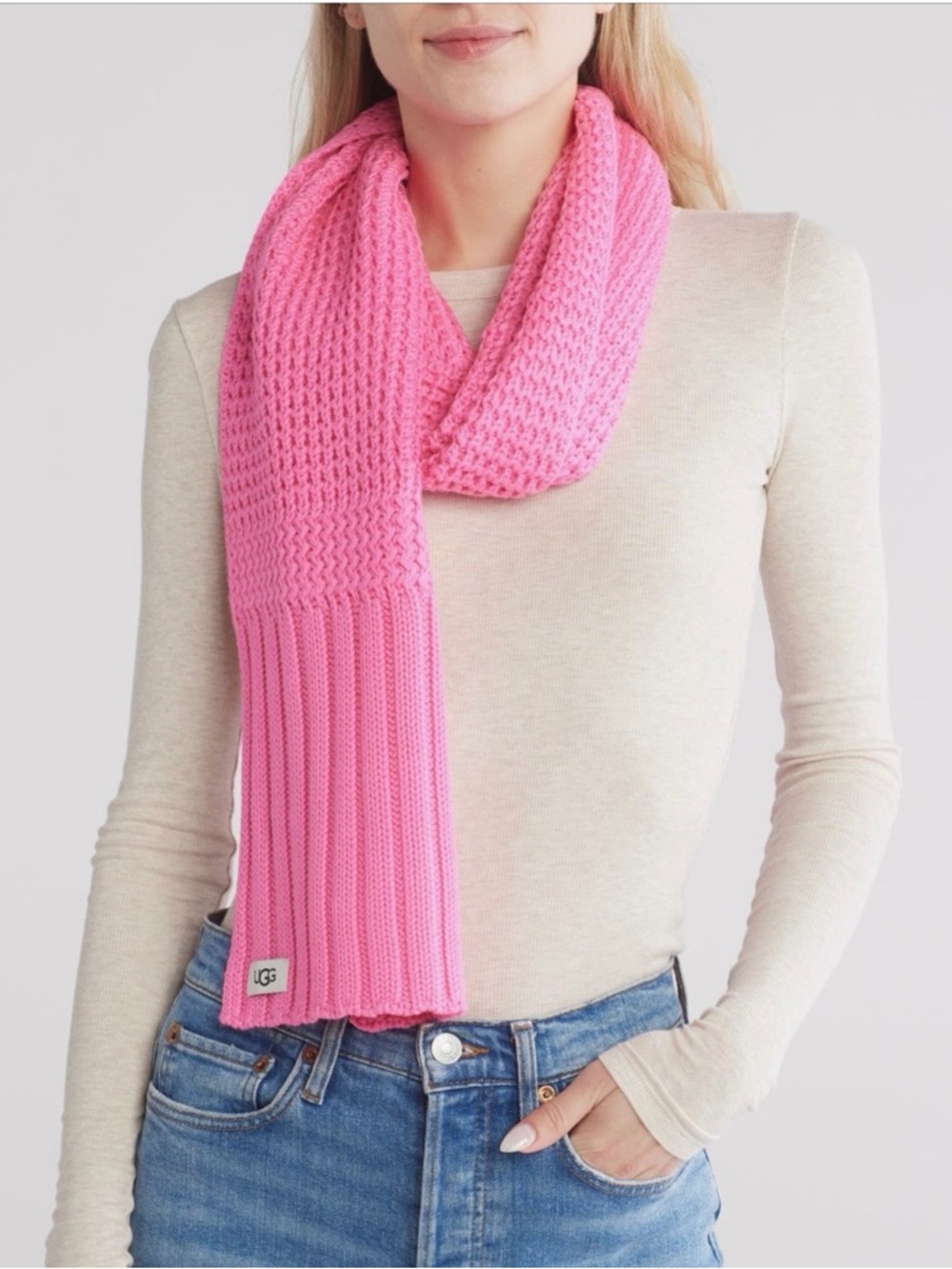 UGG Pink Knit Scarf with Rib & Waffle Texture